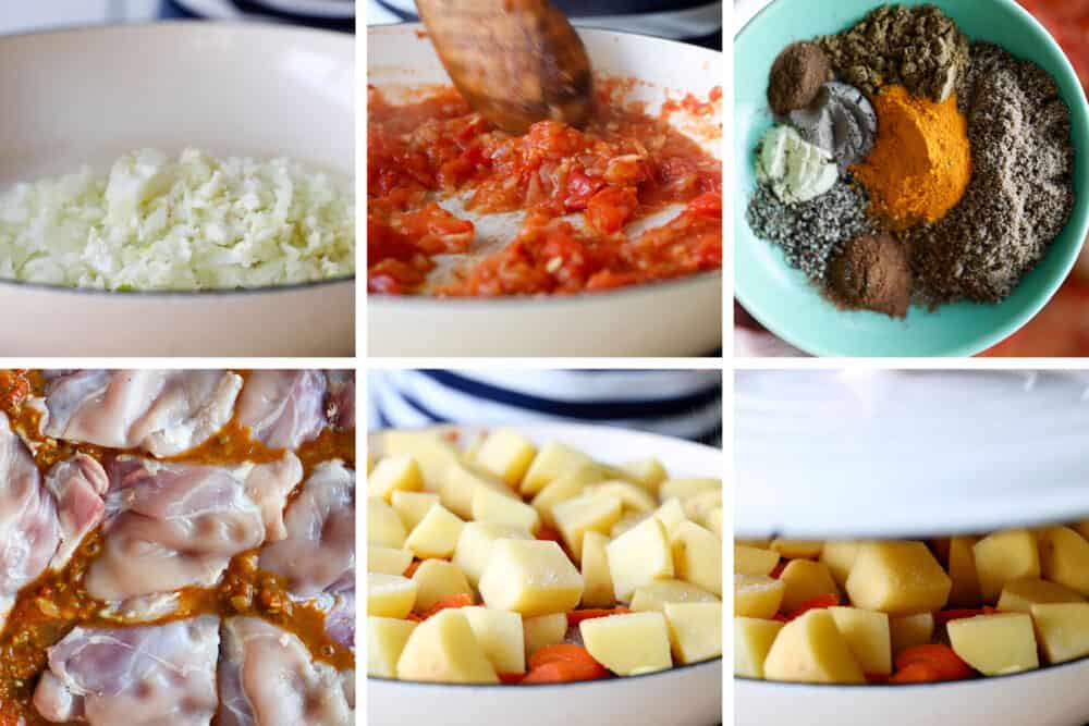 Photo collage of step-by-step process of how to make Mauritian Chicken Curry.