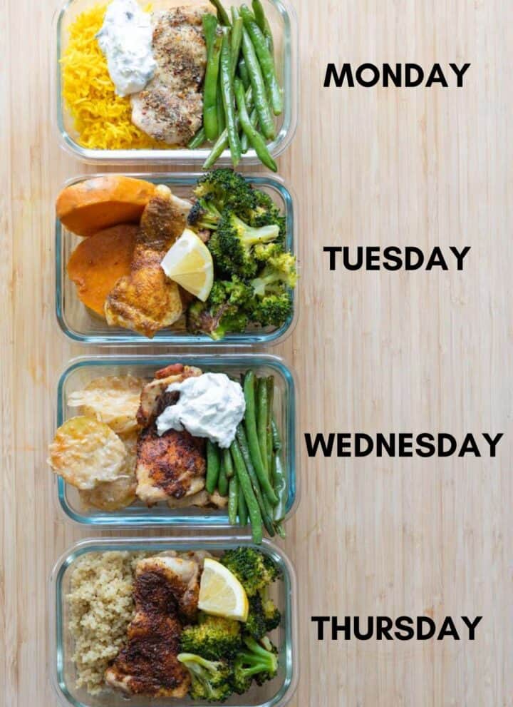 Four glass containers with sheet pan chicken, green beans, broccoli, potato, rice, quinoa, and sweet potato.