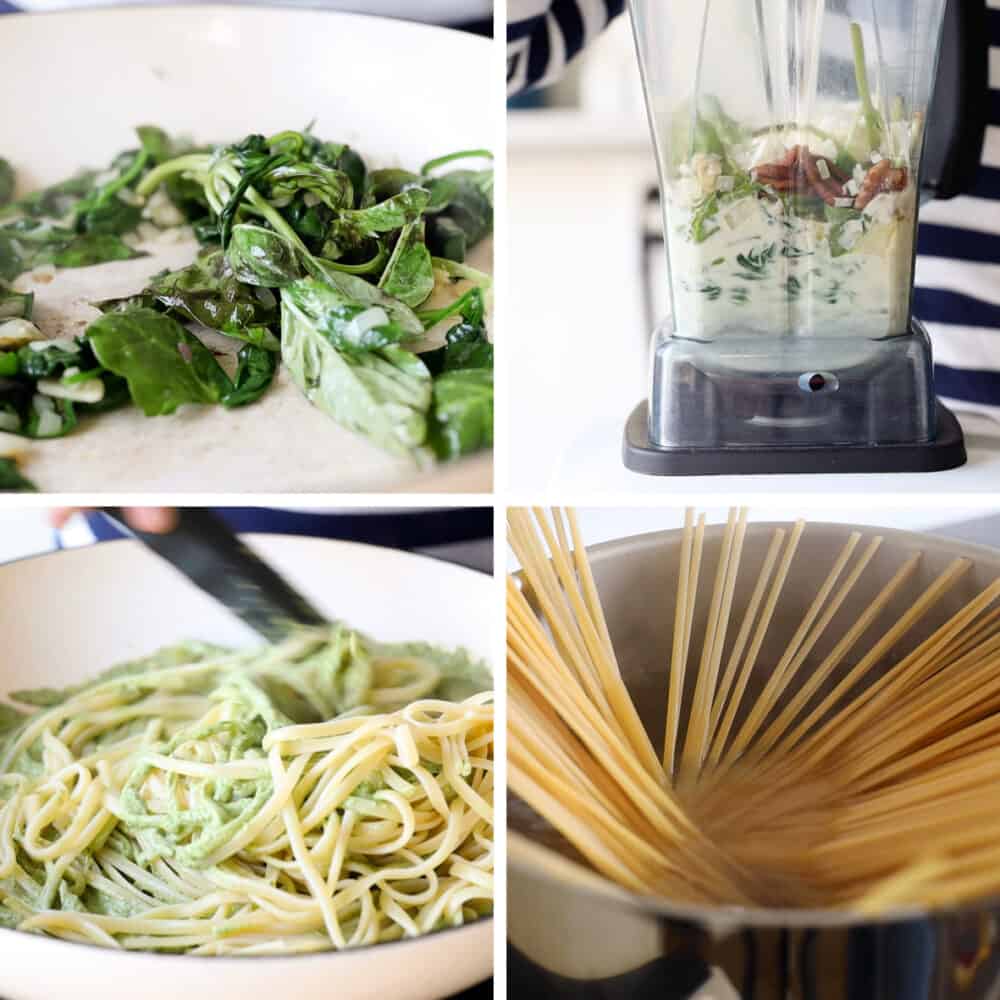 Photo collage of step-by-step process of how to make tallarines verdes.