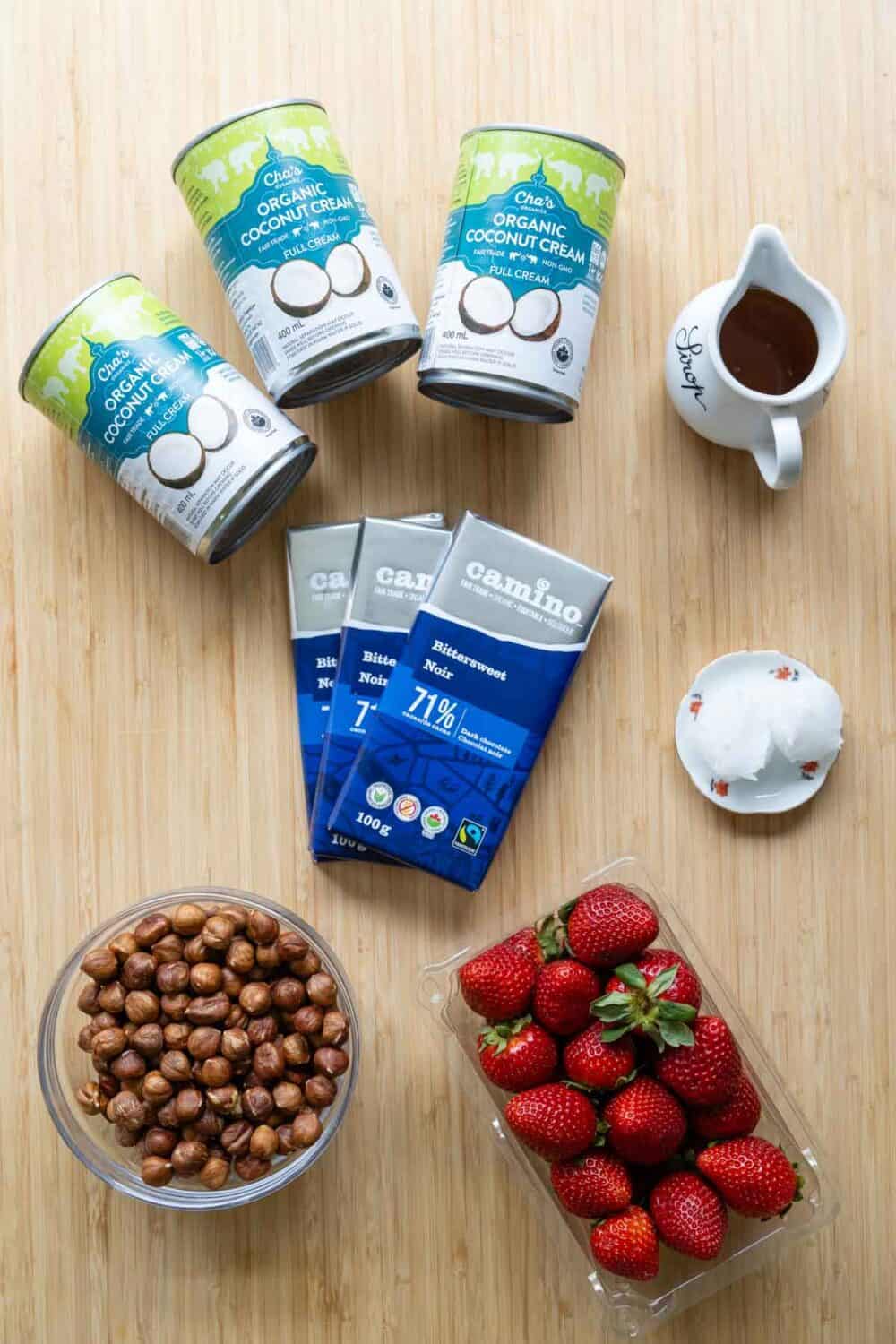 Ingredients to make chocolate tart laid out on a kitchen counter.